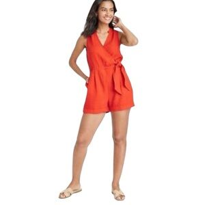 LINEN BLEND ROMPER WITH SIDE TIE SZ XS RED A New Day boxEX
